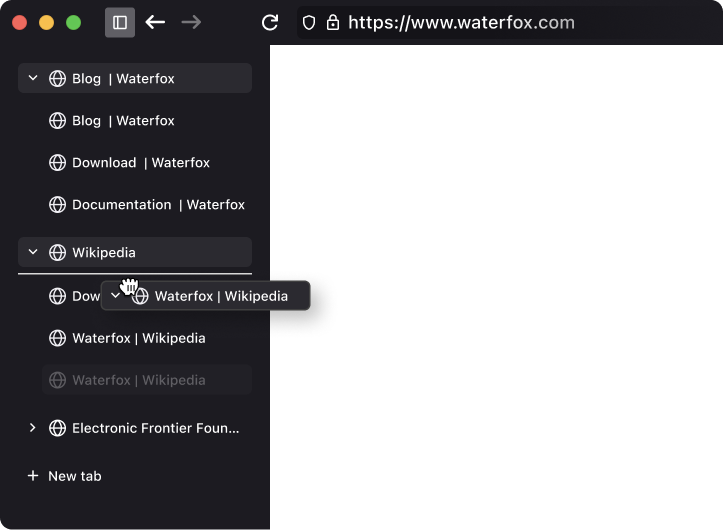 Tree tabs in Waterfox with branches collapsed and reorganized