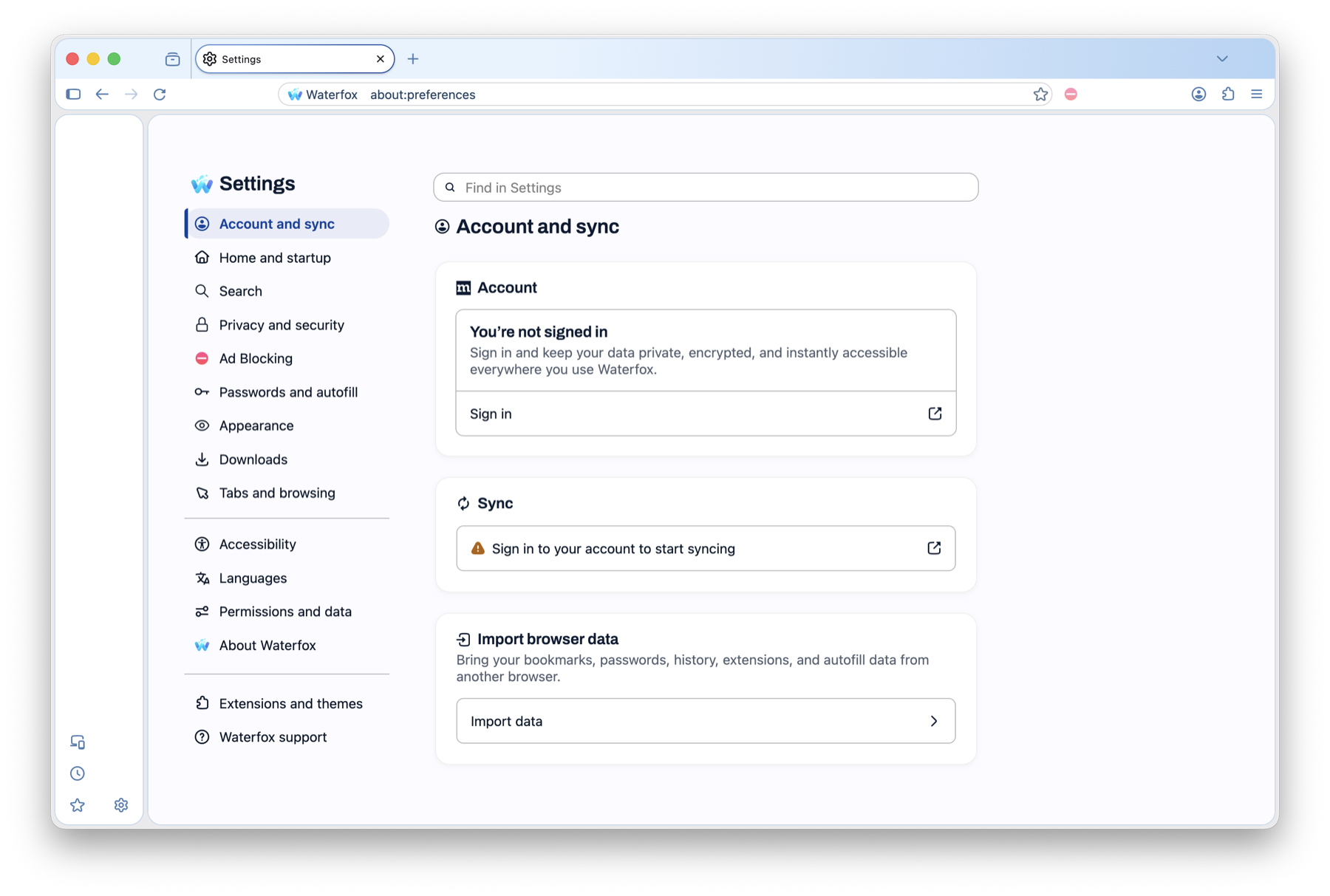 The redesigned Waterfox Settings page can be found in the Account and Sync pane. The navigation list shows dedicated entries for Ad Blocking, Appearance, Tabs and Browsing.