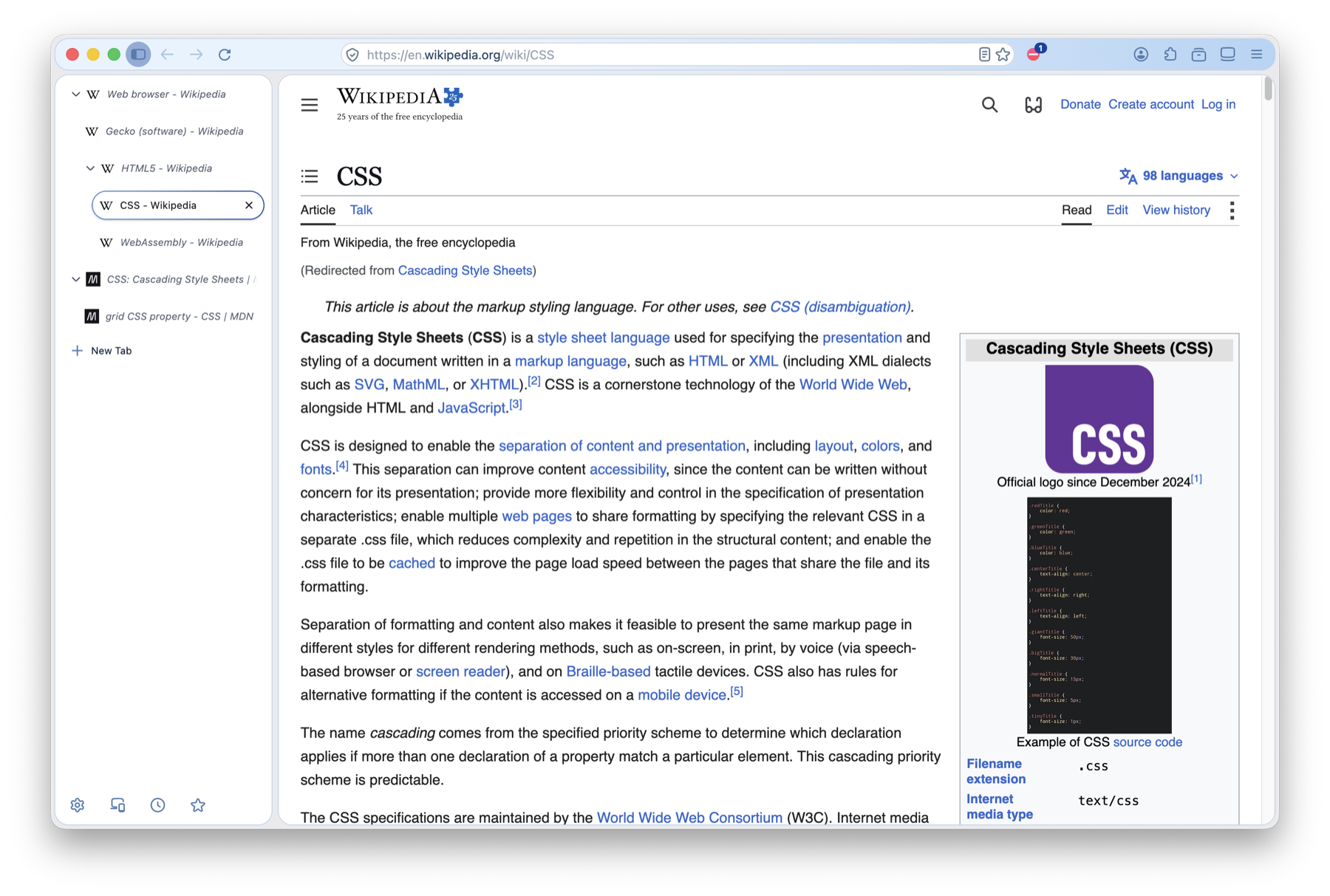 The Waterfox vertical tab strip shows parent tabs with expand arrows and indented children, with tabs nested three levels deep.